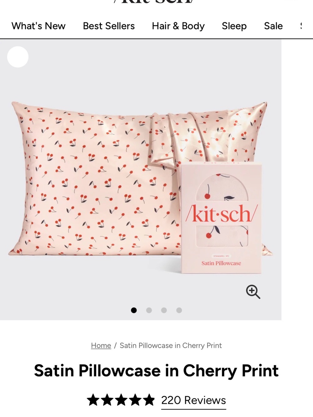 Kitsch Satin Pillowcase — Blush Pink with Red Cherry Print